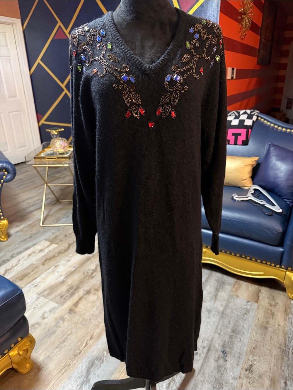 80’s Vintage Darian Black GEM Embellished V-Neck Sweater Dress